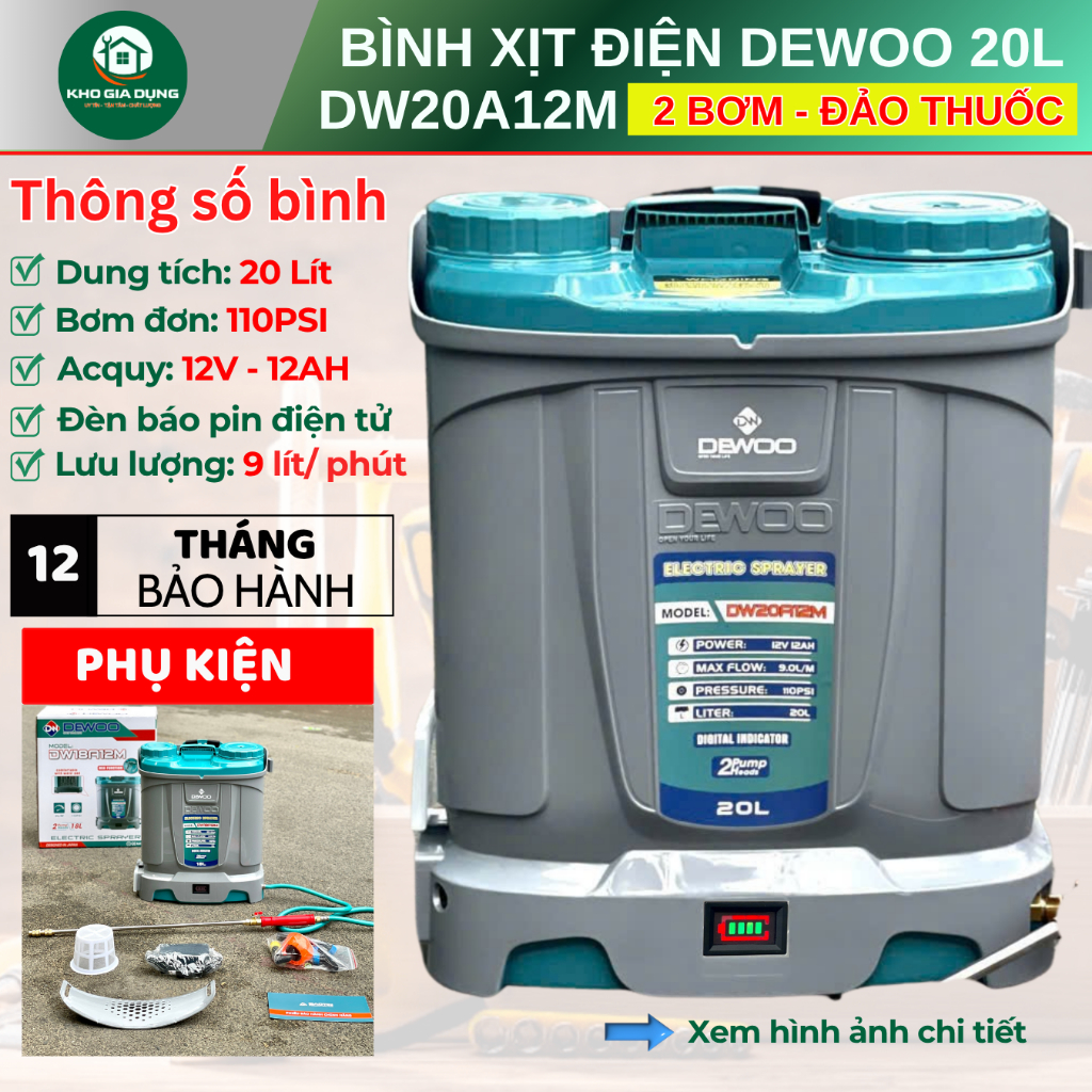 DEWOO Bình Xịt Điện DW20A12M 20L 2 Bơm Siêu Khỏe Có Đảo Thuốc Bảo Hành 12 Tháng Phun Thuốc Hiệu Quả 