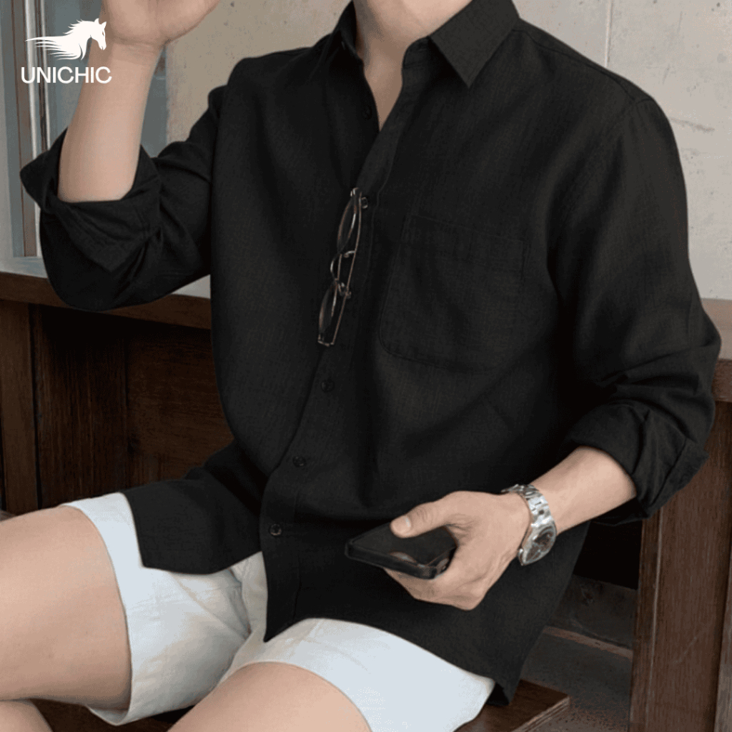 Áo Sơ Mi Nam Đen Dài Tay Vải Linen & Oxford Premium, Thấm Hút Tốt, Chống Nhăn,Tôn Dáng Unichic ASML8
