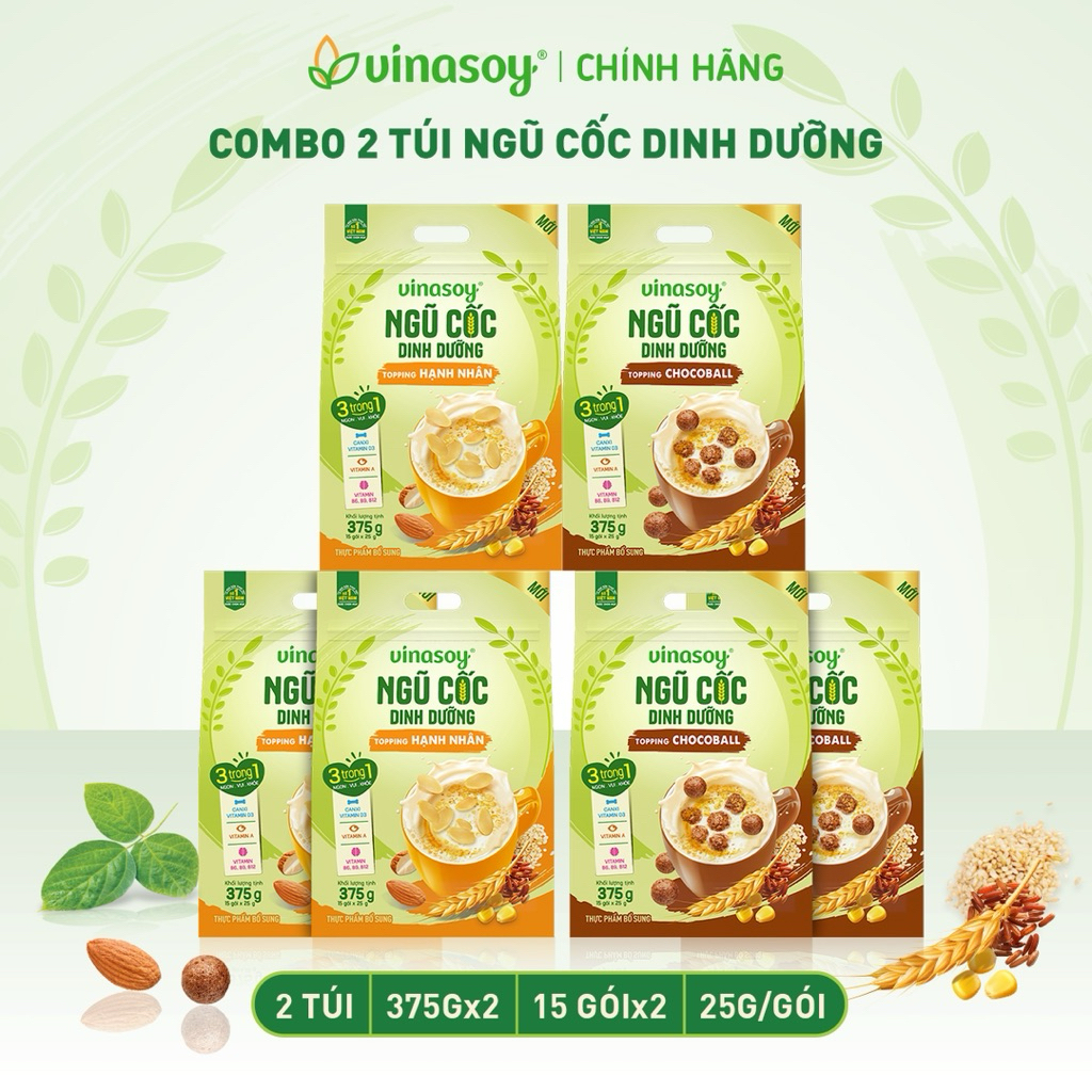Combo 2 túi ngũ cốc dinh dưỡng Vinasoy vị Chocoball & Hạnh nhân 375g/túi tặng kèm Ly nước 1L Vinasoy