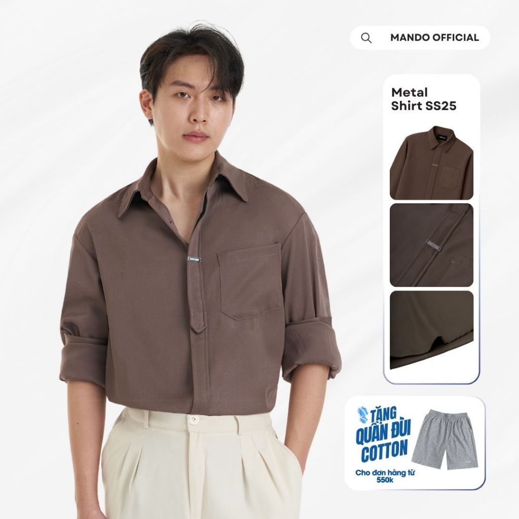  Áo Sơ Mi Metal-Shirt Giấu Cúc Tag Logo Kim Loại Oversized MANDO KOREA Menswear Phong Cách Hàn Quốc - NXSHT032 