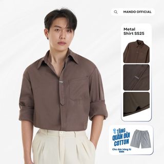  Áo Sơ Mi Metal-Shirt Giấu Cúc Tag Logo Kim Loại Oversized MANDO KOREA Menswear Phong Cách Hàn Quốc - NXSHT032 