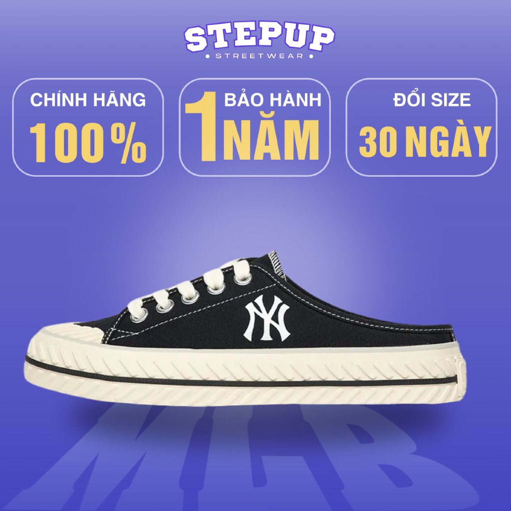 Giày playball origin mule đen chính hãng full box hiddentag check auth, sục giày đạp gót mlb vải can