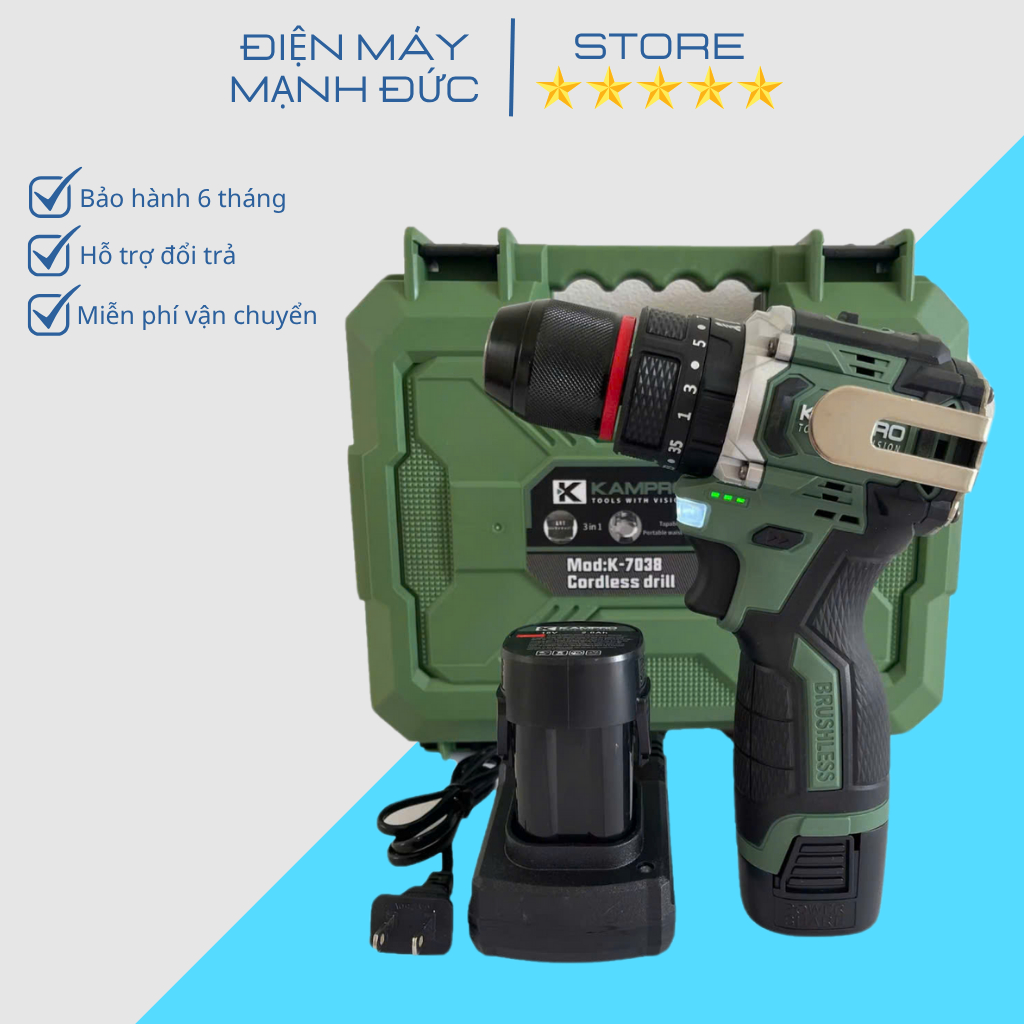 Máy Khoan Pin Kampro K-7038 Xanh, 3 Chức Năng, Đầu Kẹp Autolock, Động Cơ Không Chổi Than