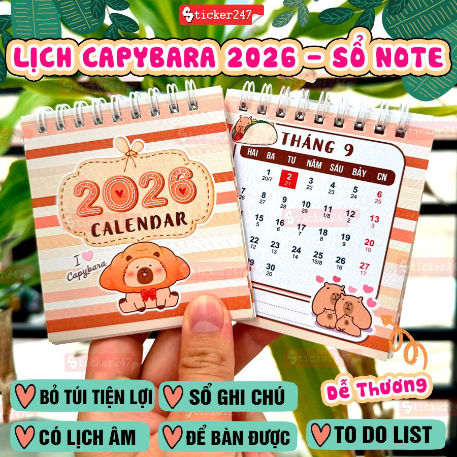Lịch Để Bàn 2026 Capybara 🌈𝑭𝒓𝒆𝒆𝒔𝒉𝒊𝒑 Lịch Mini 2025, 2026 Làm Sổ Tay Ghi Chú Tiện Lợi - Tiếng Việt - 