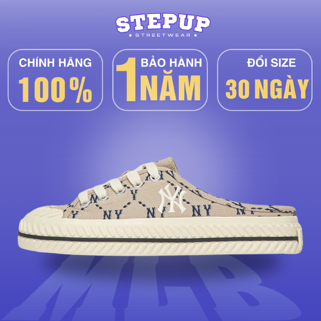 Giày playball origin mule nâu chính hãng full box hiddentag check auth, sục giày đạp gót mlb vải can