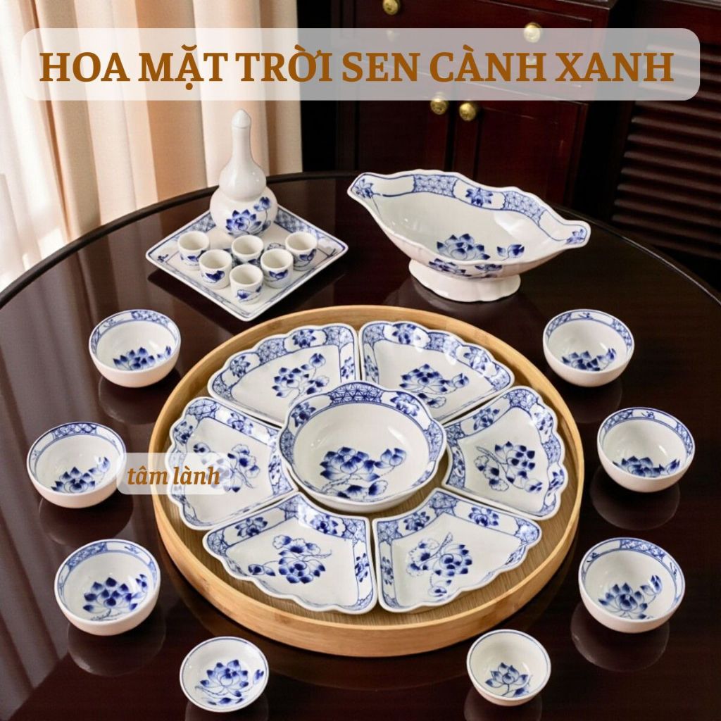 Bộ bát cúng gia tiên SEN CÀNH XANH gốm sứ bát tràng,bộ bát đĩa hoa mặt trời, bát đĩa thờ cúng,bát đĩ