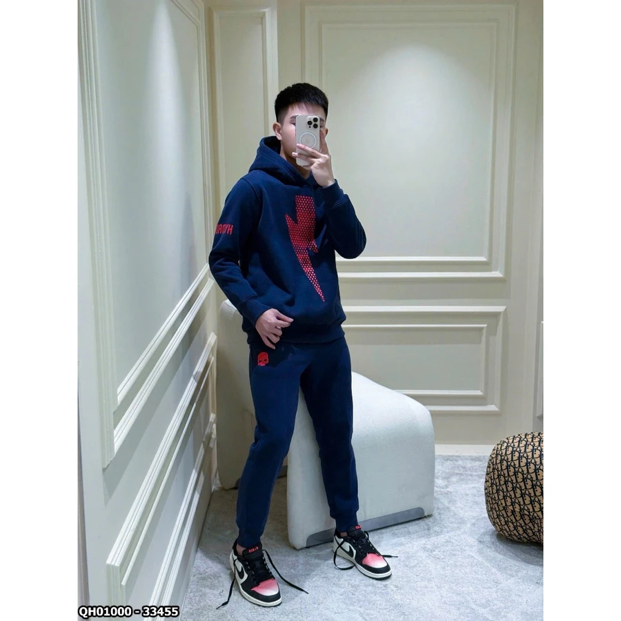 Bộ Nỉ Xanh Tia Sét Vàng Unisex Thu Đông – Set Nỉ Xanh Navy In Tia Chớp Vàng Cá Tính, Chất Nỉ Bông Dày Mềm