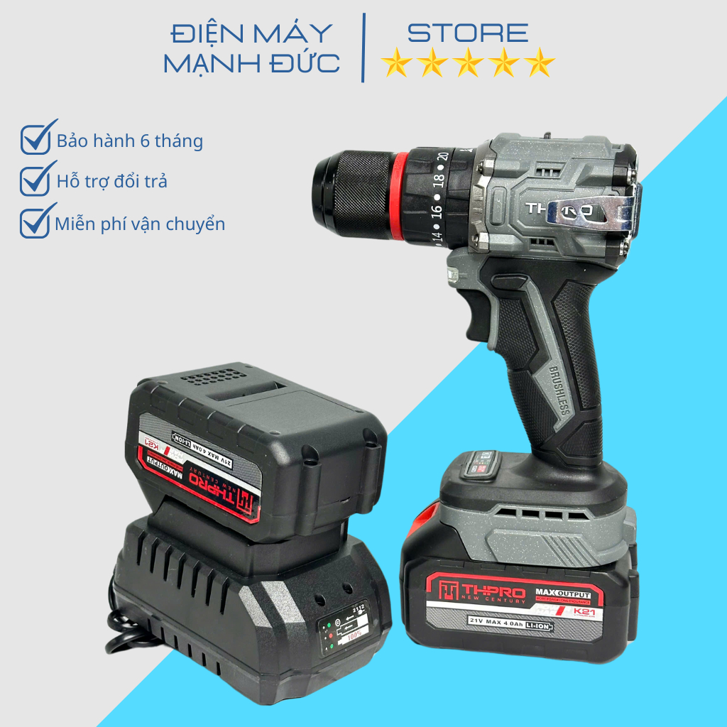 Máy Khoan Pin THPRO TH7713AK, 3 Chức Năng, Đầu 13ly Autolock, Động Cơ Không Chổi Than, Chân Pin Phổ 
