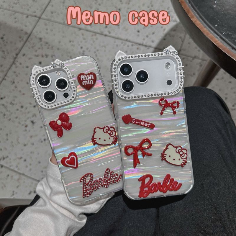 Ốp Lưng Iphone Camera Hello Kitty xà cừ gắn KITTY đỏ