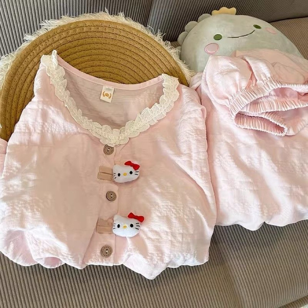 𝓗𝓪𝓷𝓲𝓮 𝓞𝓻𝓭𝓮𝓻 _ Bộ pijama nữ Hello Kitty hồng pastel có ren cổ, cúc kitty xinh xắn 🌸 Hot