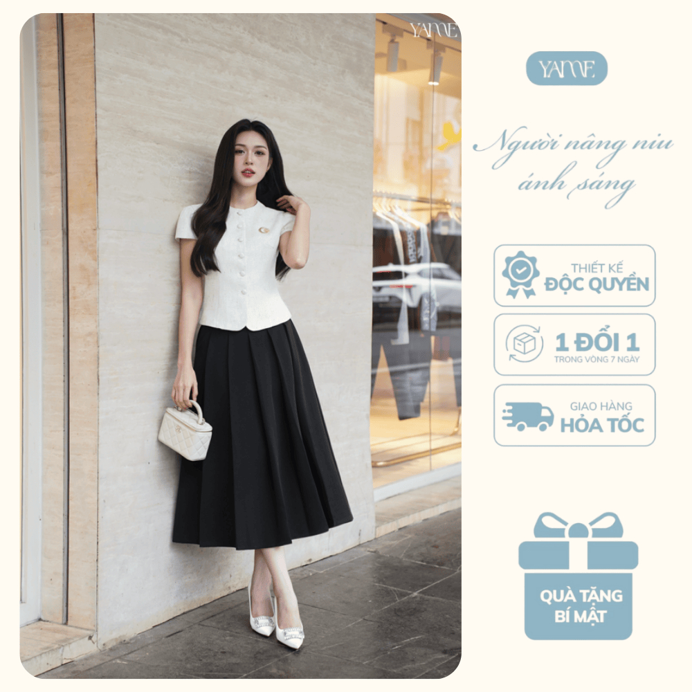 [Tách Set] Thiết Kế YAME Áo Tweed Tay Hến Cúc Bọc Vạt Tròn Chân Váy Ly To Túi Sườn - Lyra YA+YCV749