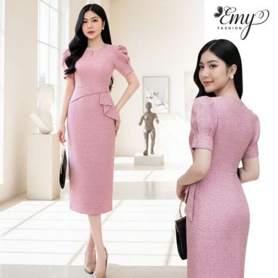 Đầm Ôm Body Thiết Kế EMY Thời Trang Cao Cấp EM9710 Vải Tuypsi Gân Hồng Sang Chảnh Đi Tiệc