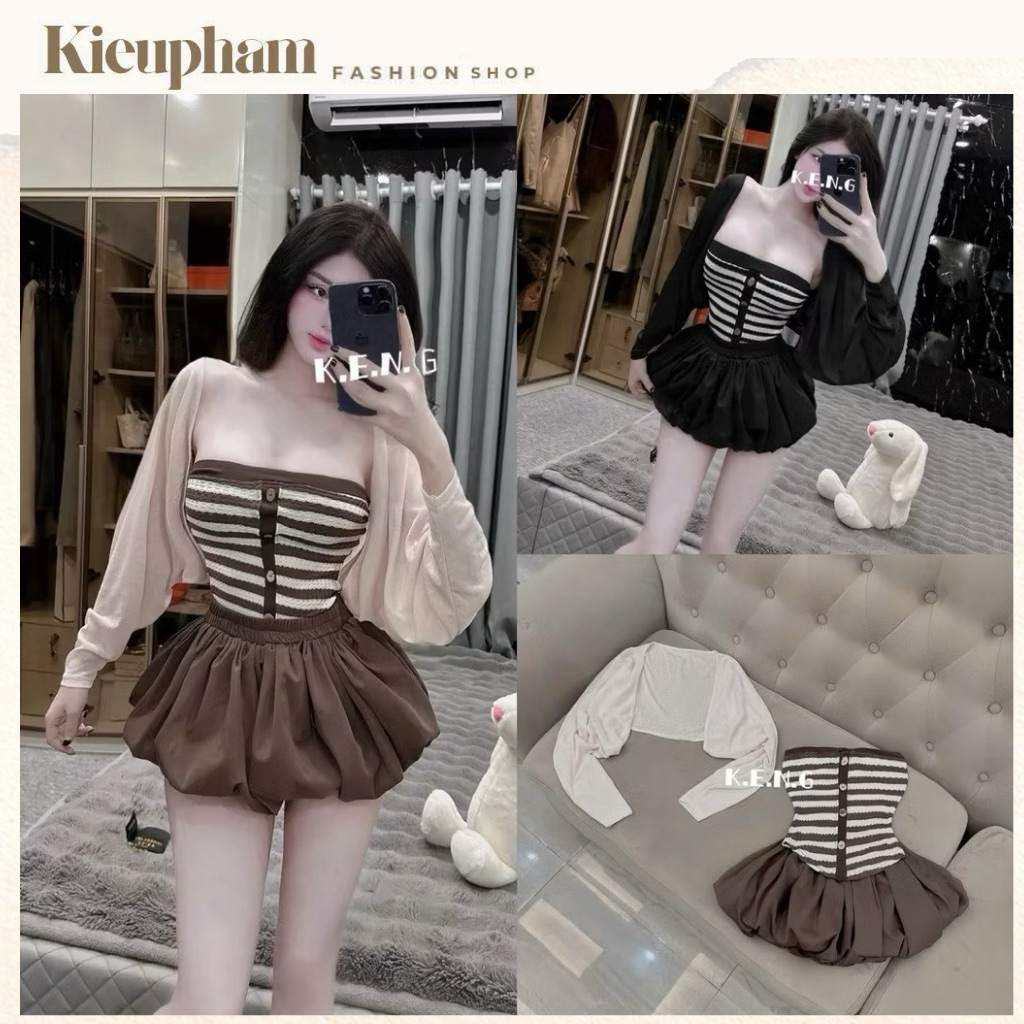 Set Áo Cúp Đính Nút + Chân Váy Bí Ngắn + Khoác Cardigan Giấy Tay Dơi Kieupham.shop