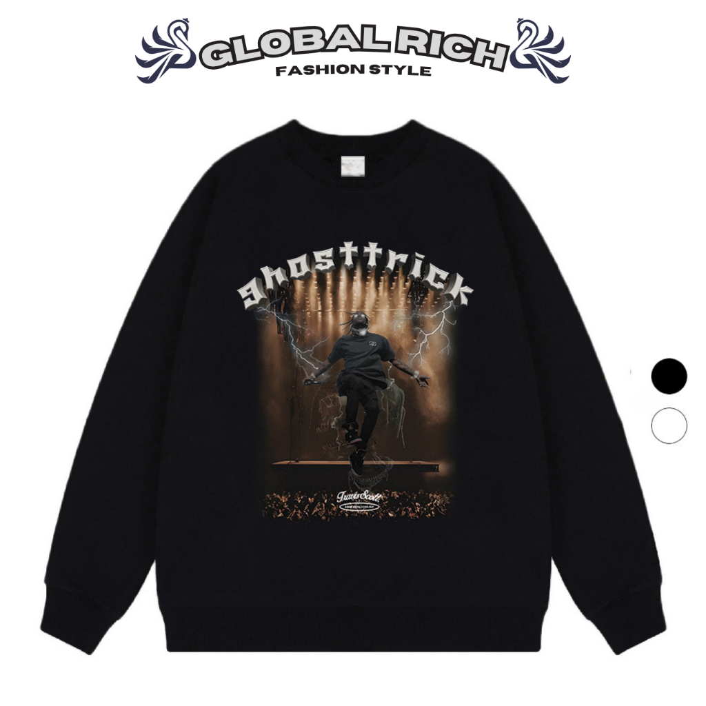 Áo Sweater Global Rich Premium Nỉ Ghost Trick Concert Travis Scott Black White