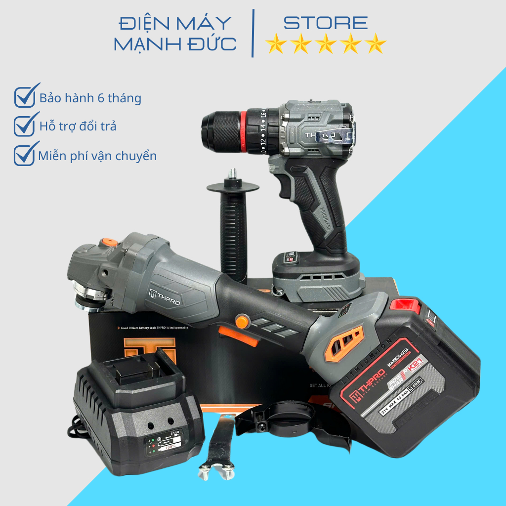 Combo THPRO Máy Mài F1, Máy Khoan TH7713AK Đầu 13ly Kèm Pin 20Cell Sạc - Động Cơ Không Chổi Than, Ch