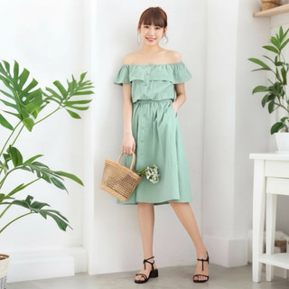 Đầm trễ vai thắt eo màu xanh mint, váy dạo phố du lịch  (kèm hình thật)