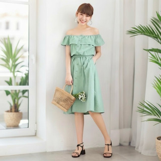 Đầm trễ vai thắt eo màu xanh mint, váy dạo phố du lịch  (kèm hình thật)
