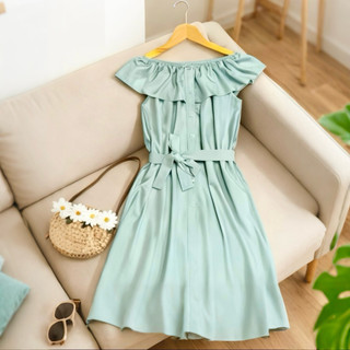 Đầm trễ vai thắt eo màu xanh mint, váy dạo phố du lịch  (kèm hình thật)