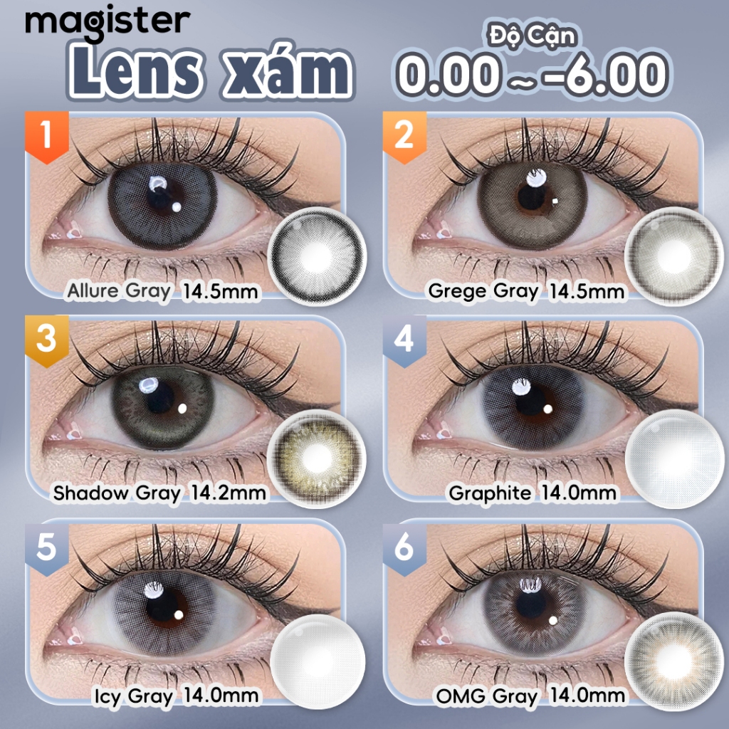 Magister kính áp tròng 2 chiếc có độ (0-6)  Allure Gray 14.0-14.5mm lens 6 tháng Lens xám siêu xinh