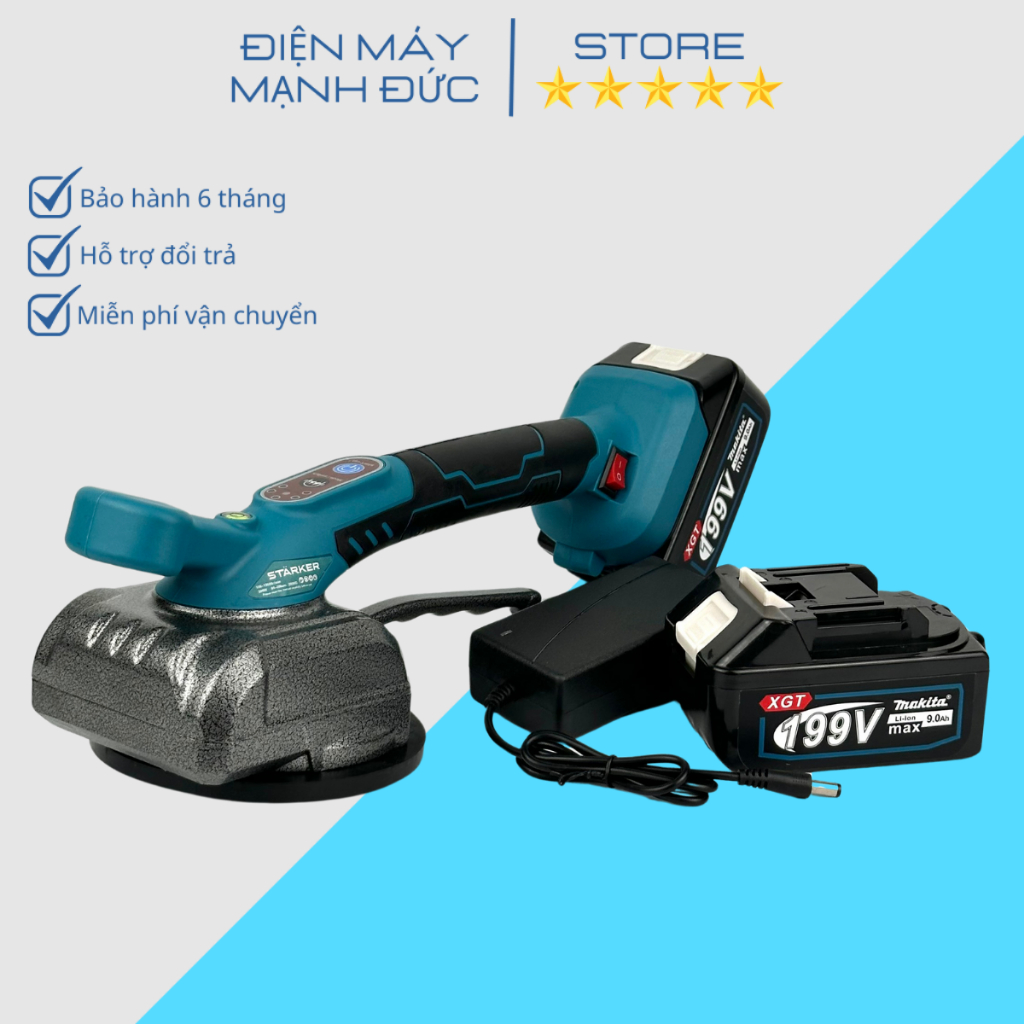 Máy ốp lát gạch men, máy đầm rung dùng pin Makita 18-21V chân phổ thông, nút cảm ứng, 5 cấp tốc rung