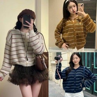  Áo cardigan len lông mềm kẻ sọc ngang áo len cổ tròn phối cúc đồng Renee Store - AL1740 