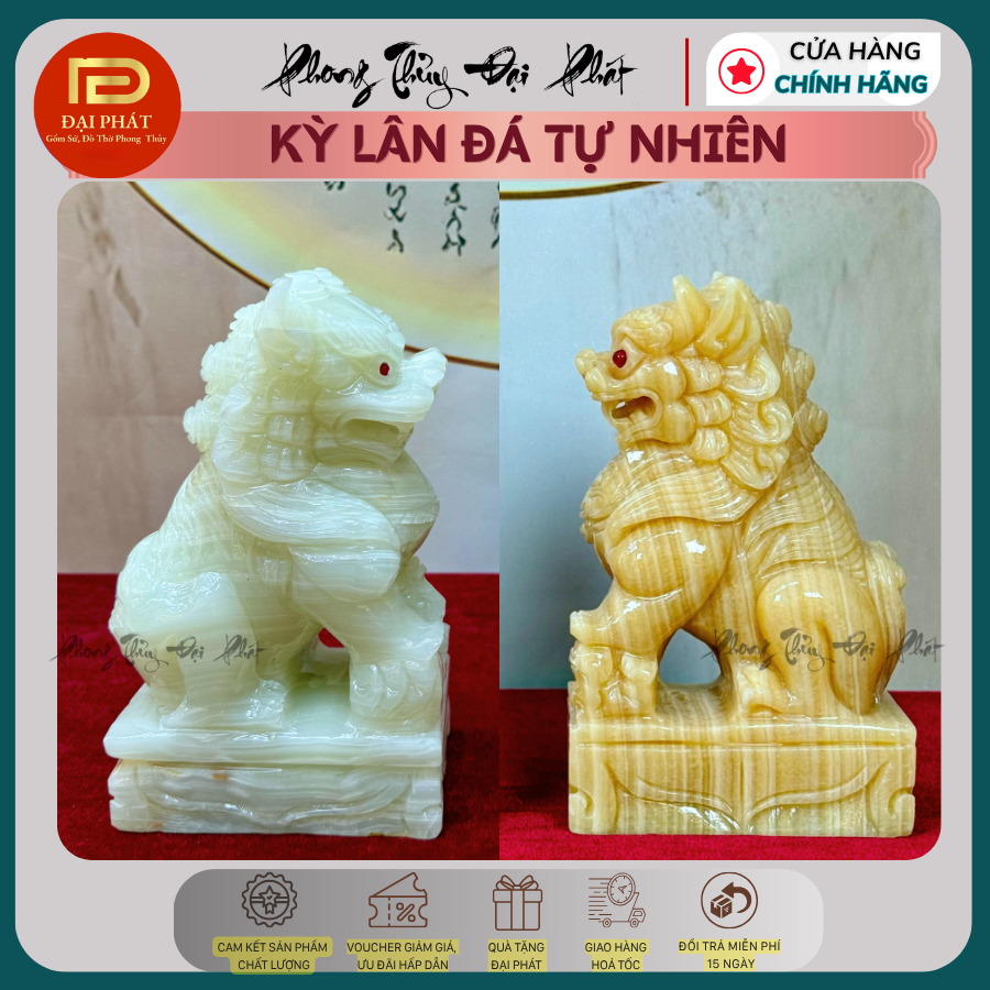 Căp kỳ lân đá ngọc tự nhiên ĐẠI PHÁT, kỳ lân phong thuỷ đá nguyên khối Cao 20cm