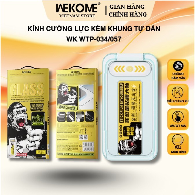 [CHÍNH HÃNG] Kính Cường Lực Khung Tự Dán KK WK 034/057 Cho iPhone 11–17 Pro Max | Trong Suốt HD/Chống Nhìn Trộm / Dễ Dán