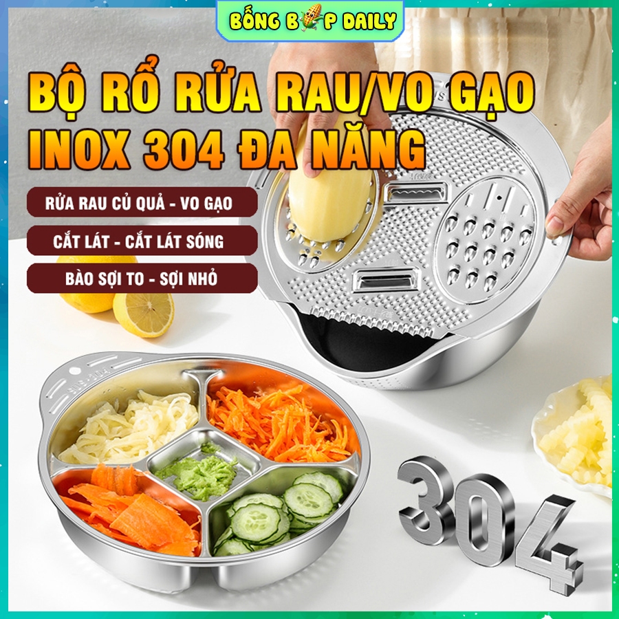 Bộ Rổ Rửa Rau Inox 304 Cao Cấp, Rá Vo Gạo, Giá Vo Gạo, Rổ Đựng Rau Ráo Nước Bào Sợi Rau Củ Quả, Cắt 