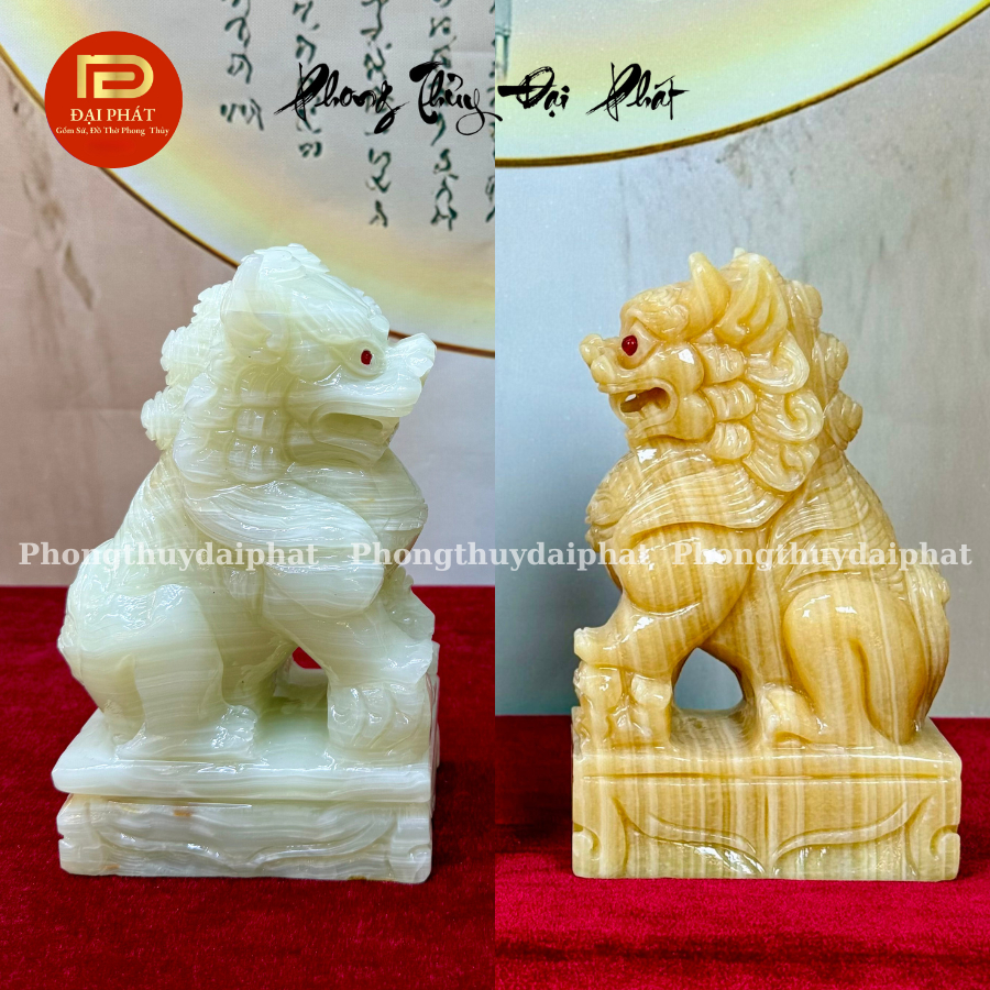 Căp kỳ lân đá ngọc tự nhiên, kỳ lân phong thuỷ đá nguyên khối Cao 20cm