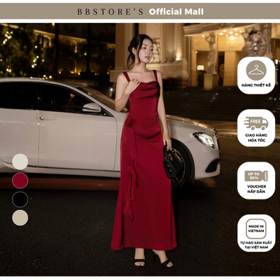 [BBSTORE'S] Đầm Hai Dây Tiệc Lụa Tô Châu Dài Cổ Đổ Kết Hoa 3D Form Đuôi Cá - D4575A