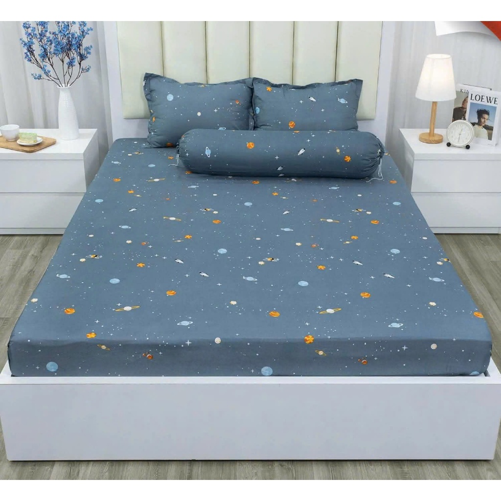 Bộ Ga Gối 3 Món Cotton Poly,Bọc Đệm 2–10cm, mẫu ngân hà