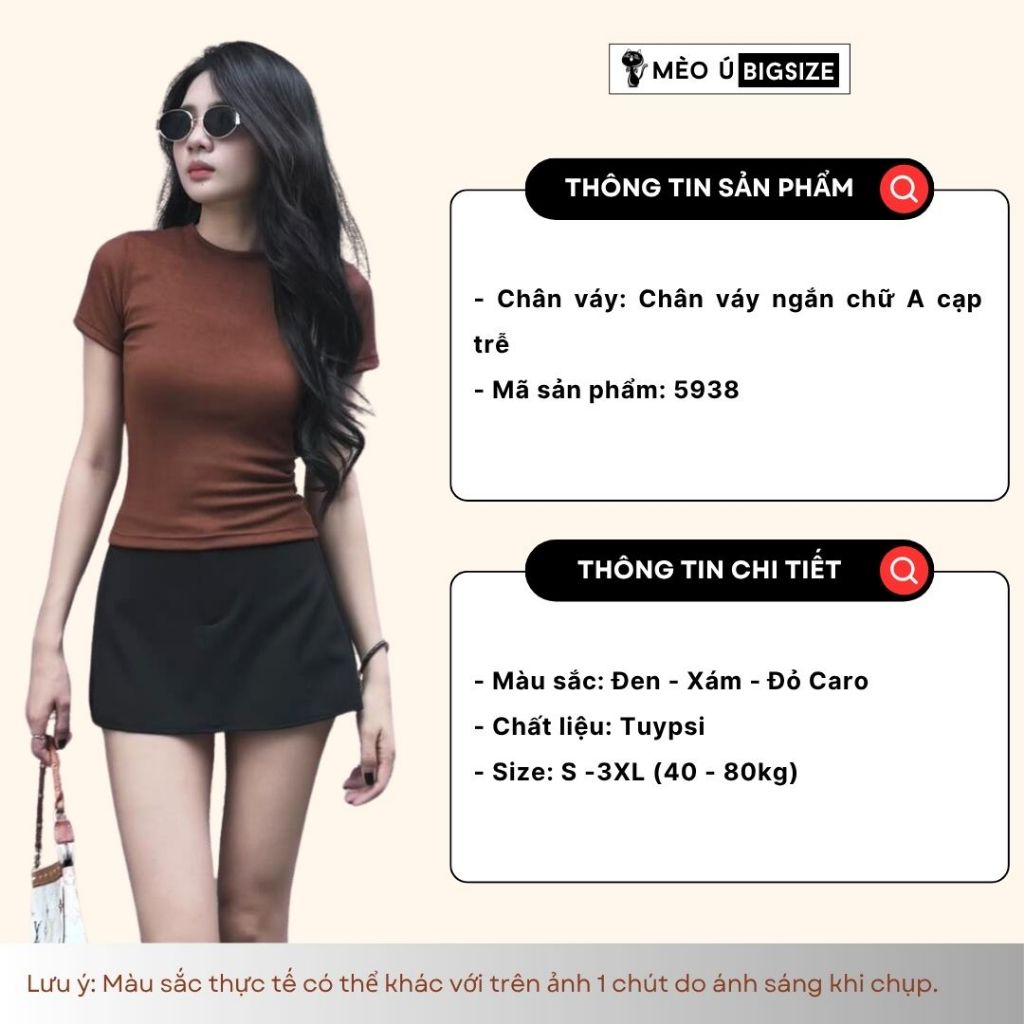Chân váy nữ BIGSIZE Mèo Ú váy ngắn chữ A cạp trễ vải tuypsi đứng form tôn dáng trẻ trung năng động 5938 | BigBuy360 - bigbuy360.vn