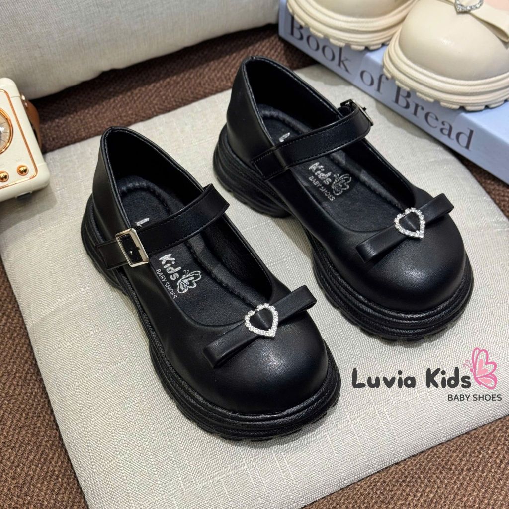 Giày bé gái đế cao phối nơ gắn khóa trái tim đính đá màu đen Luvia Kids X22LK