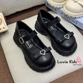 Giày bé gái đế cao phối nơ gắn khóa trái tim đính đá màu đen Luvia Kids X22LK