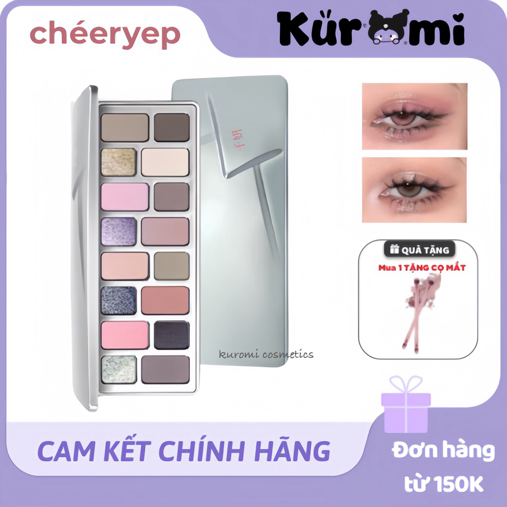 (TẶNG CỌ) QIANYAN Bảng Mắt Cheeryep Qianyan Hồng Xám Khói 16 Ô Màu Chuẩn Bền Màu Trang Điểm Hằng Ngà