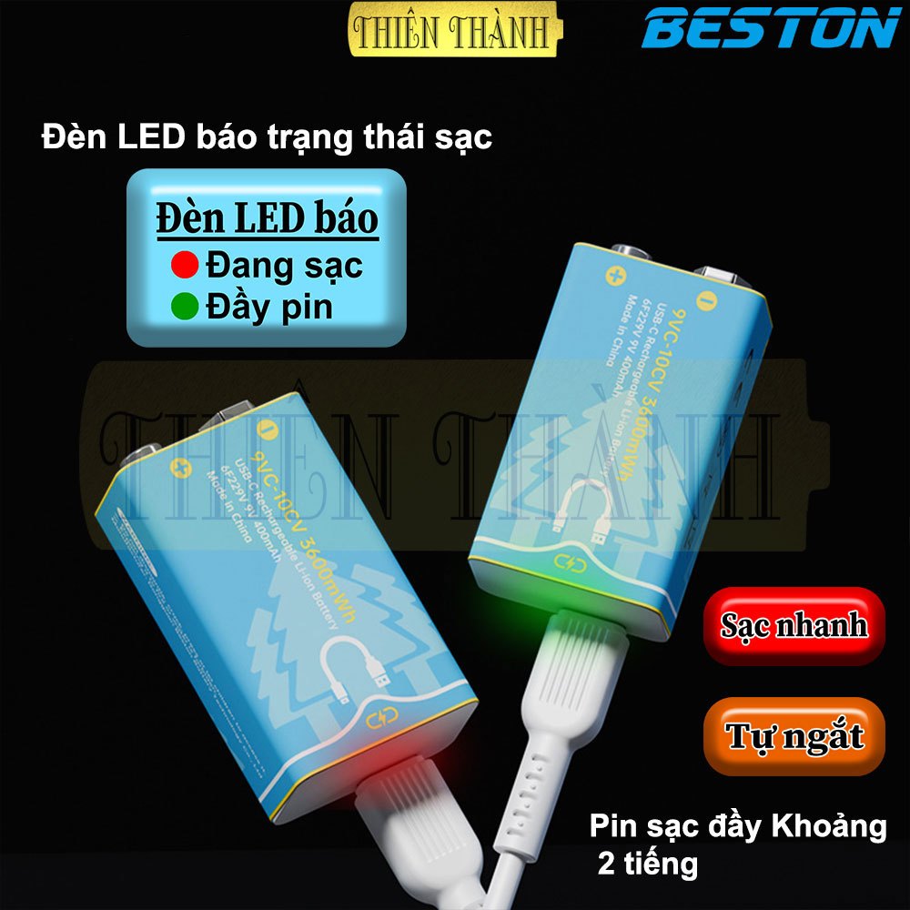 Pin sạc 9V BESTON,USB 9V,9VC-10CV,pin 9V Lithium(Li-ion),3600mWh(400mAh)