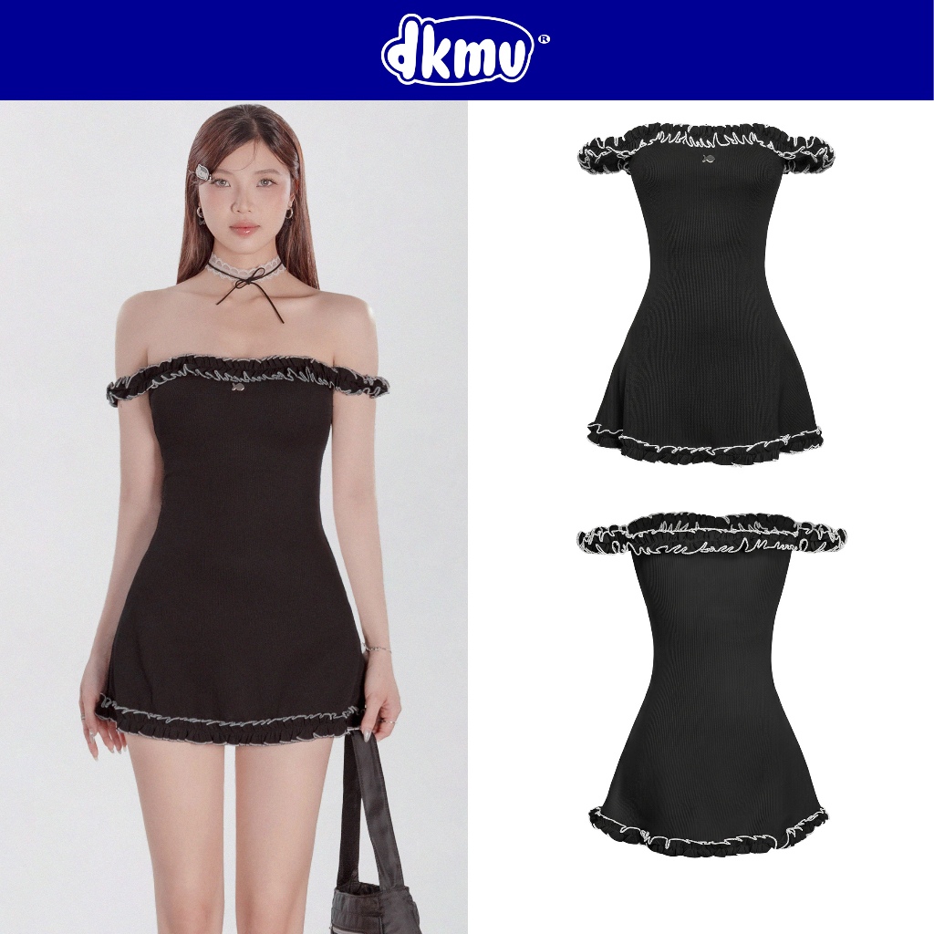 Đầm đen trễ vai phối bèo viền chỉ nổi DKMV ôm dáng xòe tà nhẹ đính logo cá inox điệu đà Da Eun Dress