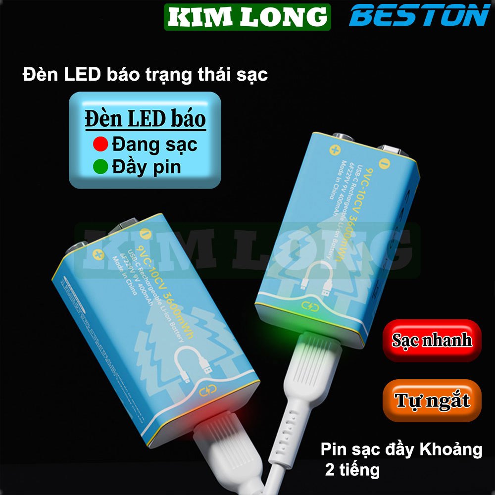Pin sạc 9V BESTON,USB 9V,9VC-10CV,pin 9V Lithium(Li-ion),3600mWh(400mAh)