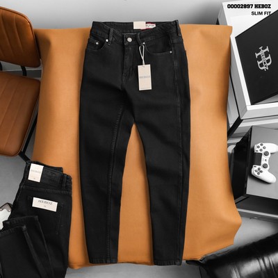 Quần jean nam Heboz dáng slim trơn D062, quần dài denim đen trơn cao cấp - 00002897
