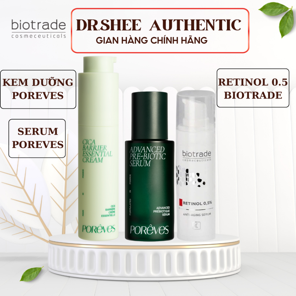 Combo dưỡng da Retinol Biotrade 0.5 và Poreves serum, Kem dưỡng Poreves phục hồi, giảm mụn thâm