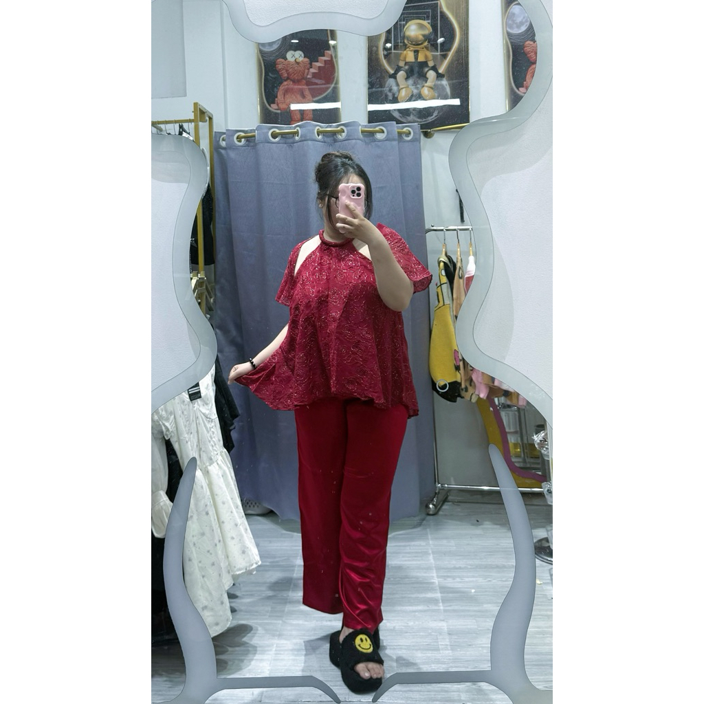 Hiếu Hiếu Bigsize Set áo yếm kèm khoác rời kèm quần dài lụa bigsize 55-100kg