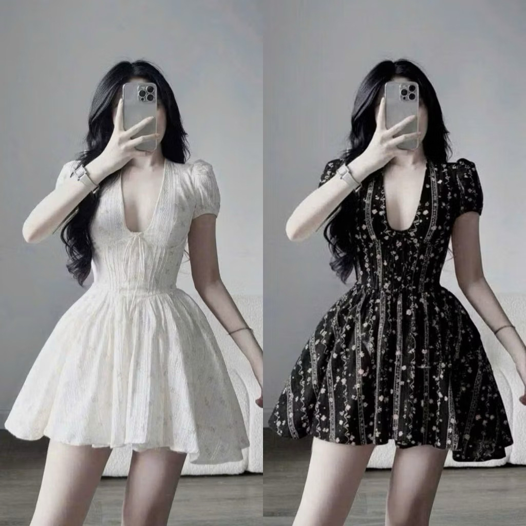 Hiếu Hiếu Bigsize Đầm cổ V hoa dáng ngắn bigsize 55-100kg