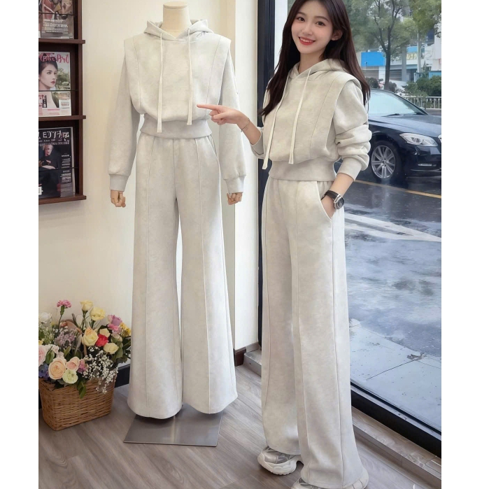 Bộ Áo Hoodie Nỉ Có Mũ, Quần Ống Đứng, Thời Trang Nữ Thu Đông,Sét Đồ Bộ Áo Hoodie Nữ Chất Nỉ 2 Da Cao