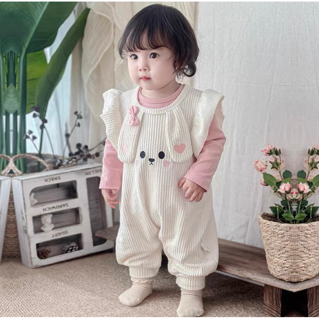 Bodysuit cho bé gái SUSHI BABY SHOP đồ liền thân sơ sinh yếm thỏ trắng kèm áo hồng dài tay mùa thu đ