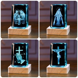  Đèn Ngủ 3D Quả Cầu Pha Lê Phát Sáng Khối Lập Phương Hình Chúa Jesus Thánh Giá Đèn Deocr Quà Tặng 