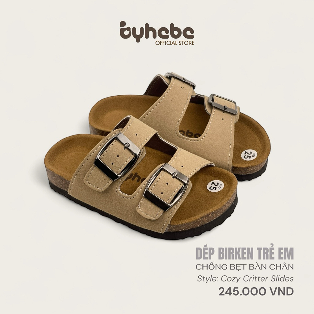 Dép đế trấu trẻ em Byhebe BE01 thiết kế công thái học chống bẹt bàn chân, quai da, lót da lộn