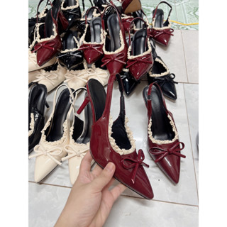  Giày Cao Gót gắn nơ Viền ren mũi Nhọn 8 phân Da Bóng 3 màu Đen Kem Đỏ Giayxinhxinh.store 