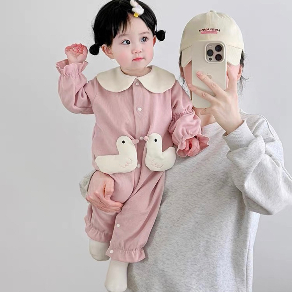 Bodysuit cho bé gái SUSHI BABY SHOP đồ liền thân sơ sinh màu hồng đính con vịt dài tay mùa thu đông 