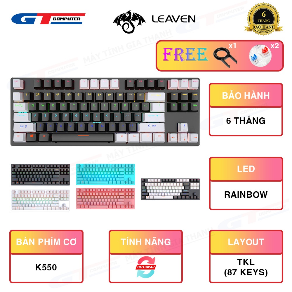 Bàn Phím Cơ K550 LEAVEN Gaming Blue Switch | Red Switch TKL 87 Keys (HOT SWAP) LED Rainbow New BH 6T