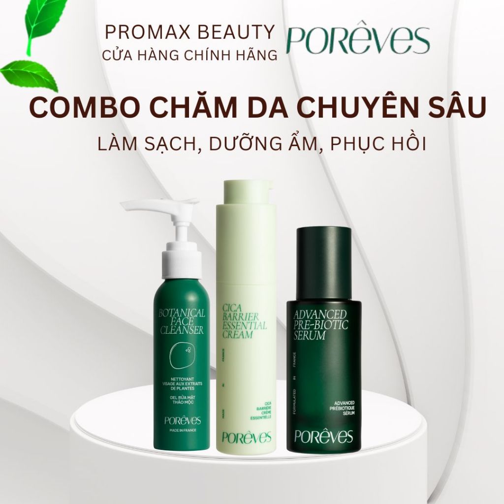 Combo Poreves Serum tiền lợi khuẩn, kem dưỡng ẩm phục hồi Poreves và sữa rửa mặt thảo mộc Poreves
